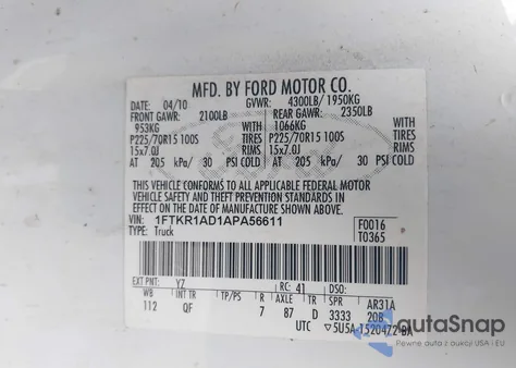 2010 Ford Ranger Xl/Xlt из США, поврежденный, VIN 1FTKR1AD1APA56611